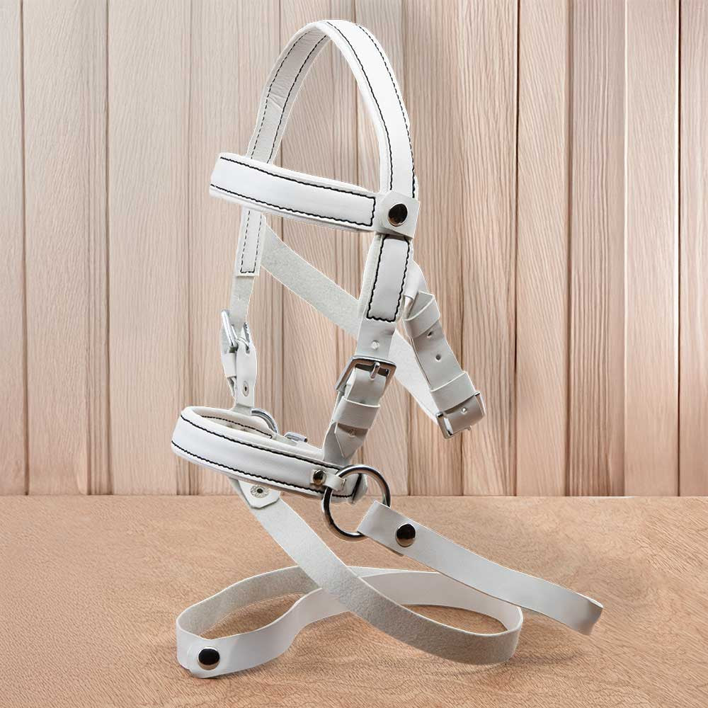Filet Bridon éthologique Blanc Pour Hobby Horse – Cuir Synthétique, Coutures Noires, Réglable, Sans Mors, Taille A3/A4