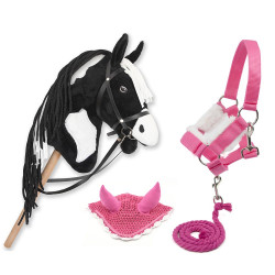 Hobby Horse Black Pie with halters + lead rope + pink fly Veils