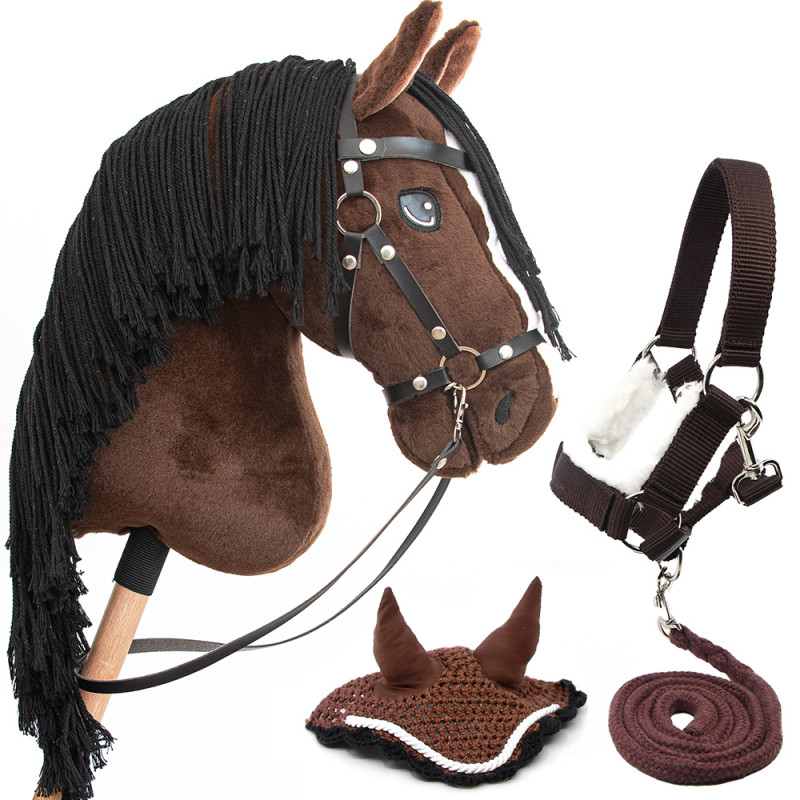 Hobby Horse bay A3 with Bridles, head collar, lead rope, and brown fly Veils - Jump Star Hobby Horse bay A3 with Bridles, head collar, lead rope, and brown fly Veils - Jump Star