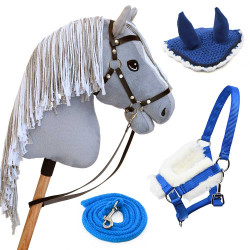 Hobby Horse A3 Gray with Bridles, reins, bit, blue fly Veils and head collar - Silver Moon