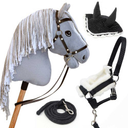 Hobby Horse A3 Gray with Bridles, reins, bit, fly Veils, and head collar BLACK - Silver Moon