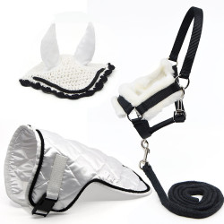 Black and white accessory set for Hobby Horse: Head collar + Lead + Blankets + Fly Veils