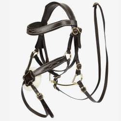 Bridles hobby horse brown leather with a crossed noseband by Lemieux.