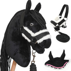 Black Friesian Hobby Horse pack with matching black halter, lead rope, and bonnet