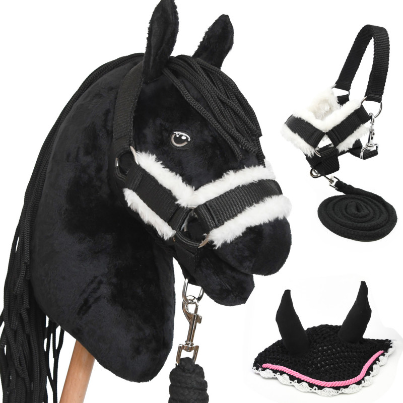 Black Friesian Hobby Horse pack with matching black halter, lead rope, and bonnet