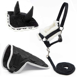 Black and white accessory set for Hobby Horse: Head collar + Lead Rope + Blankets + Fly Veils