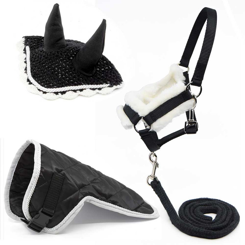 Black and white accessory set for Hobby Horse: Head collar + Lead Rope + Blankets + Fly Veils
