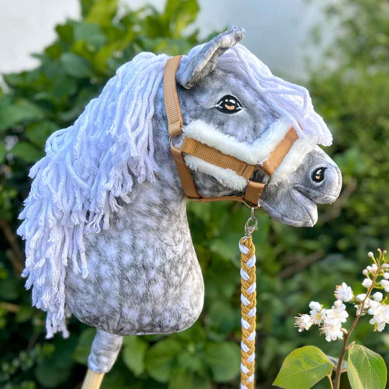 Realistic Hobby Horse "Argento" dapple gray + golden head collar and lead rope