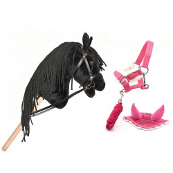 Pack Hobby Horse frison noir avec licol, longe et bonnet assortis Rose