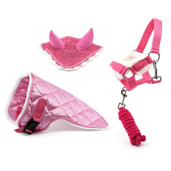 Ensemble d'accessoires Rose pour Hobby Horse : Licol moumoute + Longe + Couverture + Bonnet