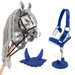 Dapple Gray Hobby Horse with head collar, lead rope, and Blue fly Veils