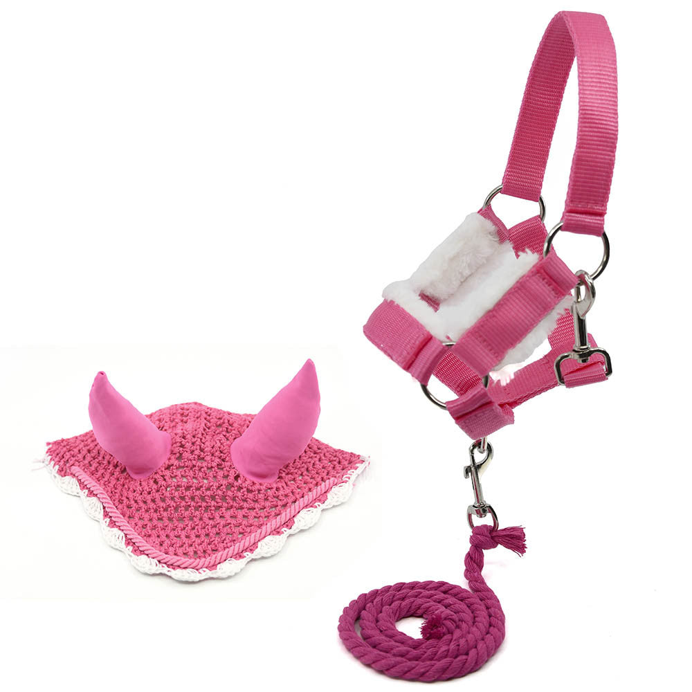 Ensemble d'accessoires Rose pour Hobby Horse : Licol moumoute + Longe + Couverture + Bonnet