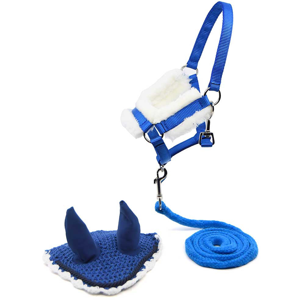 Ensemble Hobby Horse Silver Moon gris avec filet noir, licol, longe et bonnet bleus - Taille A3
