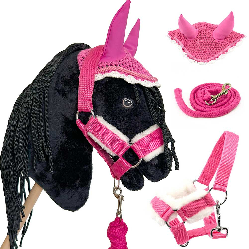 Ensemble Hobby Horse frison noir avec licol, longe et bonnet roses - Taille A3 Ensemble Hobby Horse frison noir avec licol, longe et bonnet roses - Taille A3