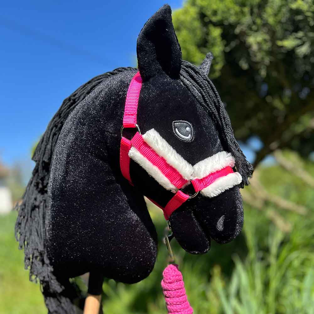 Hobby horse noir frison avec licol rose