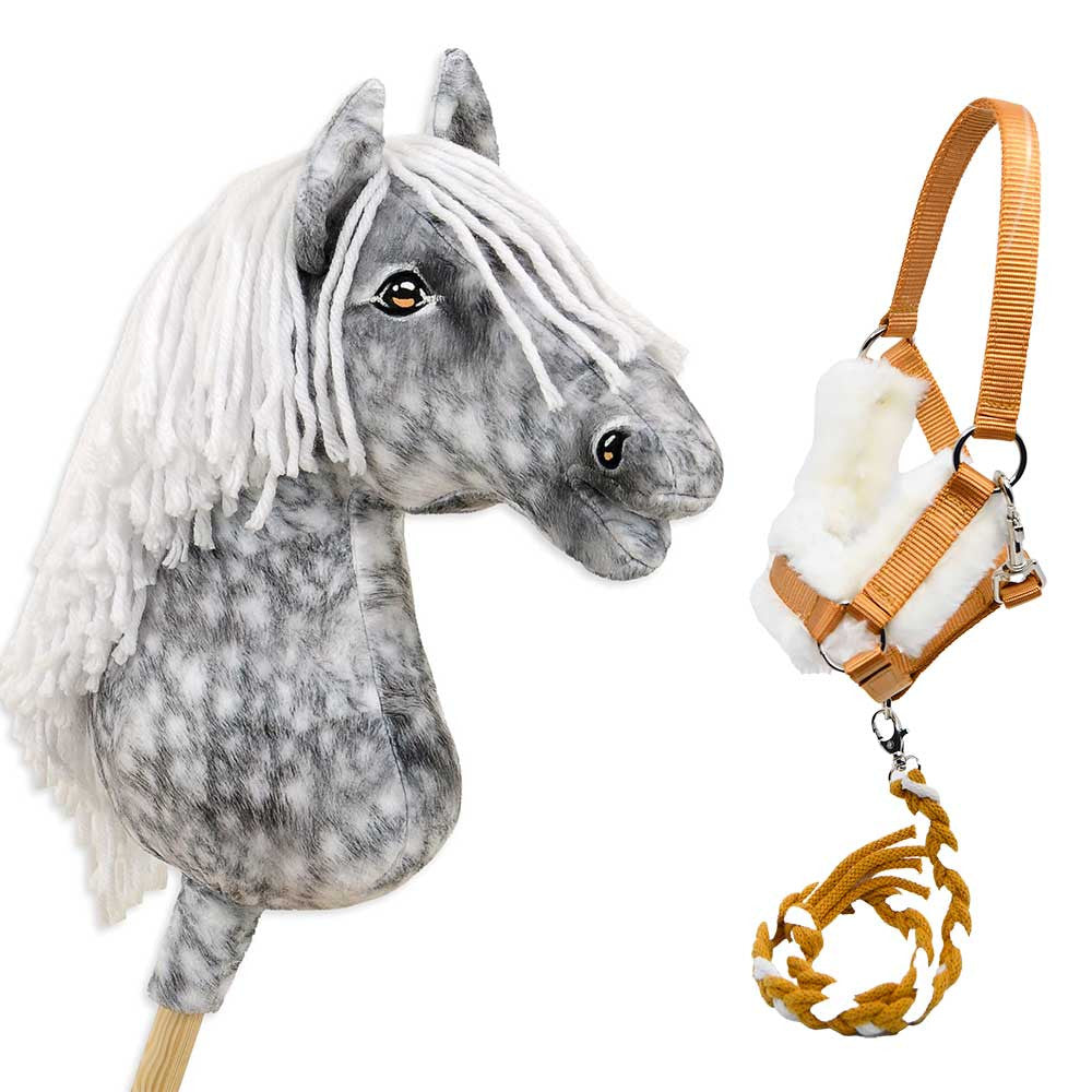 Hobby Horse réaliste "Argento" gris pommelé + licol doré et longe