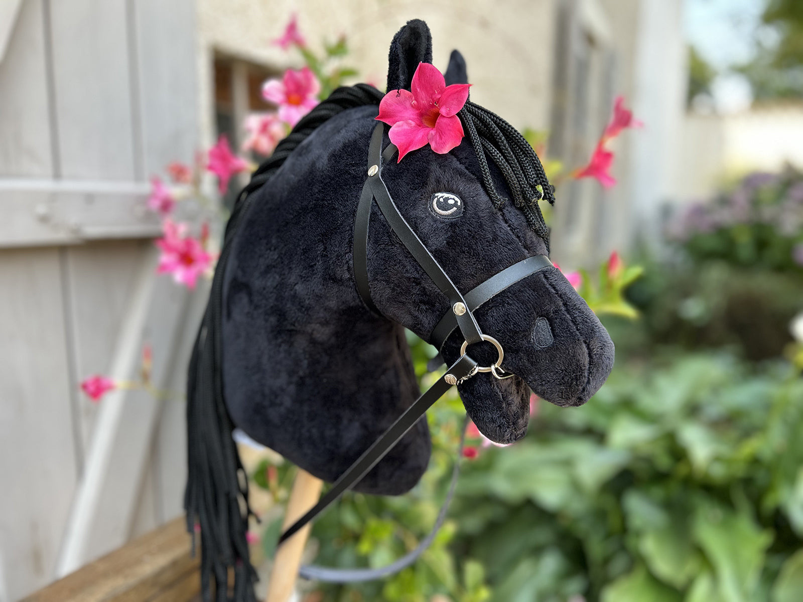 Pack Hobby Horse frison noir avec licol, longe et bonnet assortis