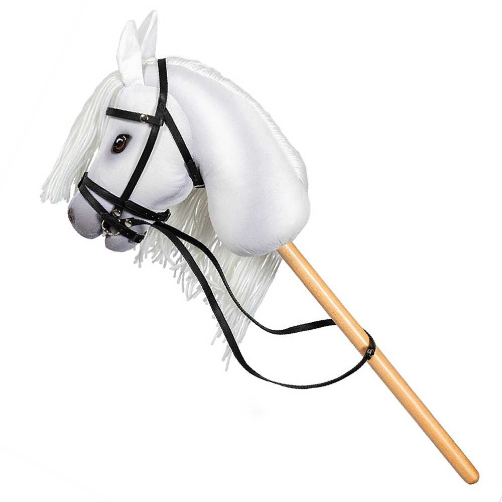 Hobby Horse Sissi, jument bâton grise A4 avec crinière blanche, filet, mors et rênes
