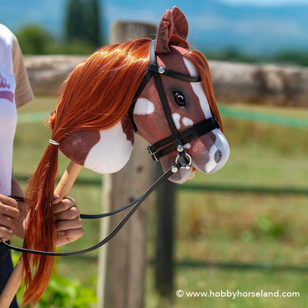 Hobby Horse – Cheval bâton pie alezan A4 avec crinière souple et filet– Jouet équitation