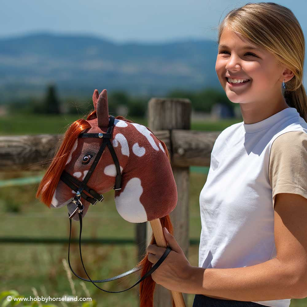 Hobby Horse – Cheval bâton pie alezan A4 avec crinière souple et filet– Jouet équitation